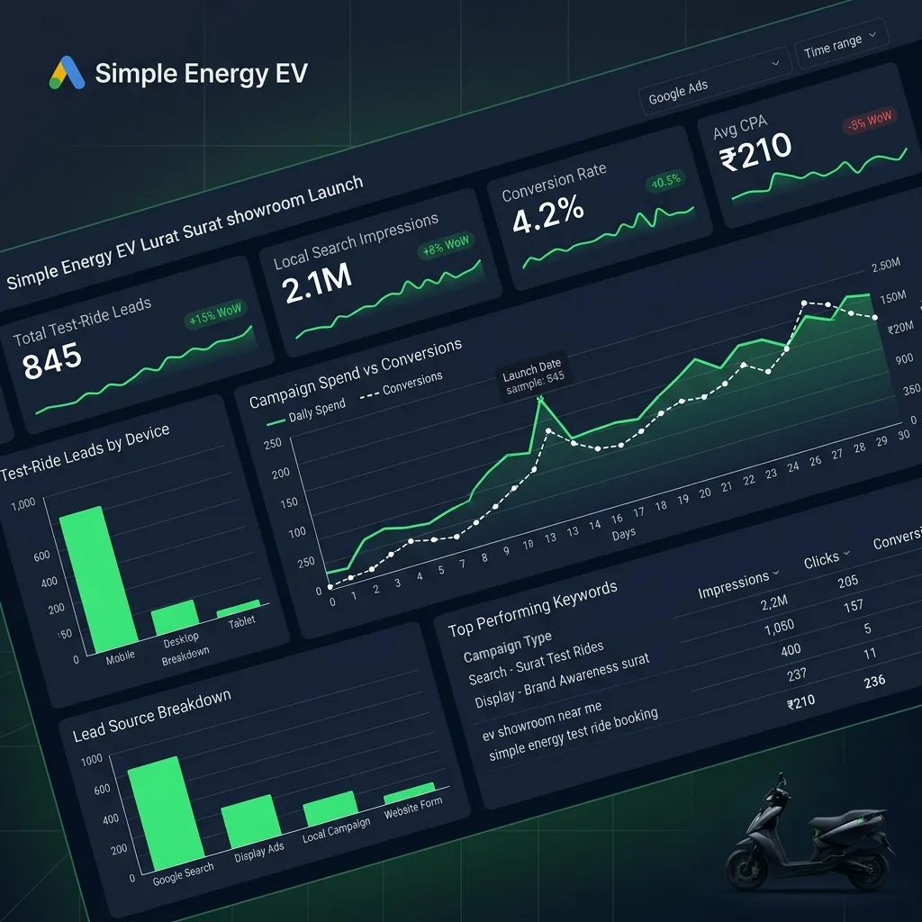 Simple Energy Surat showroom launch campaign dashboard