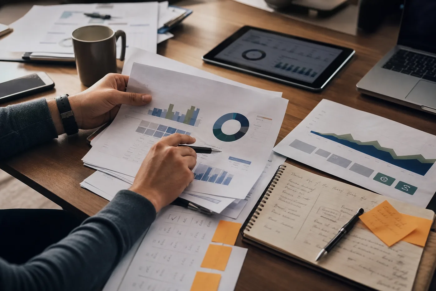 Real campaign reporting desk with printed lead-quality charts and CRM review notes