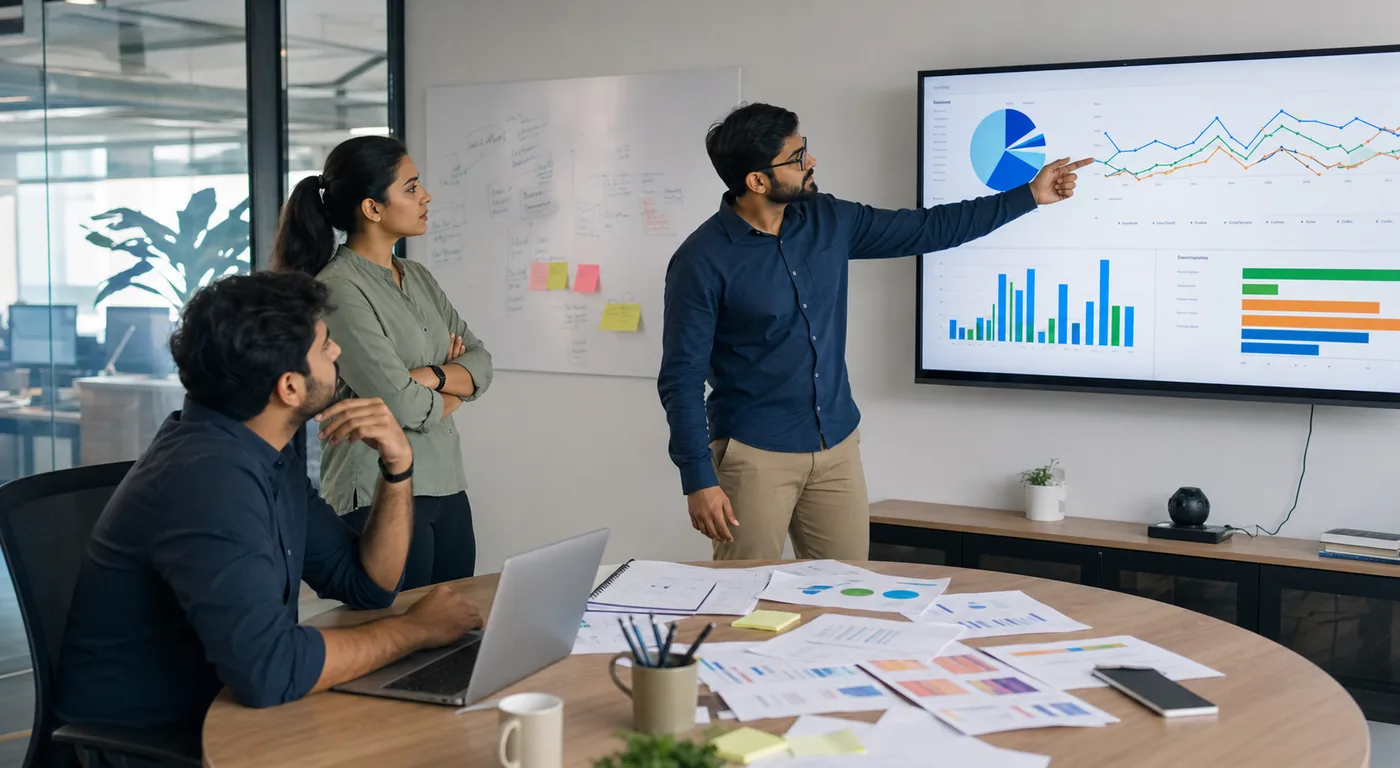 Marketing team reviewing weekly campaign performance charts in an office meeting room
